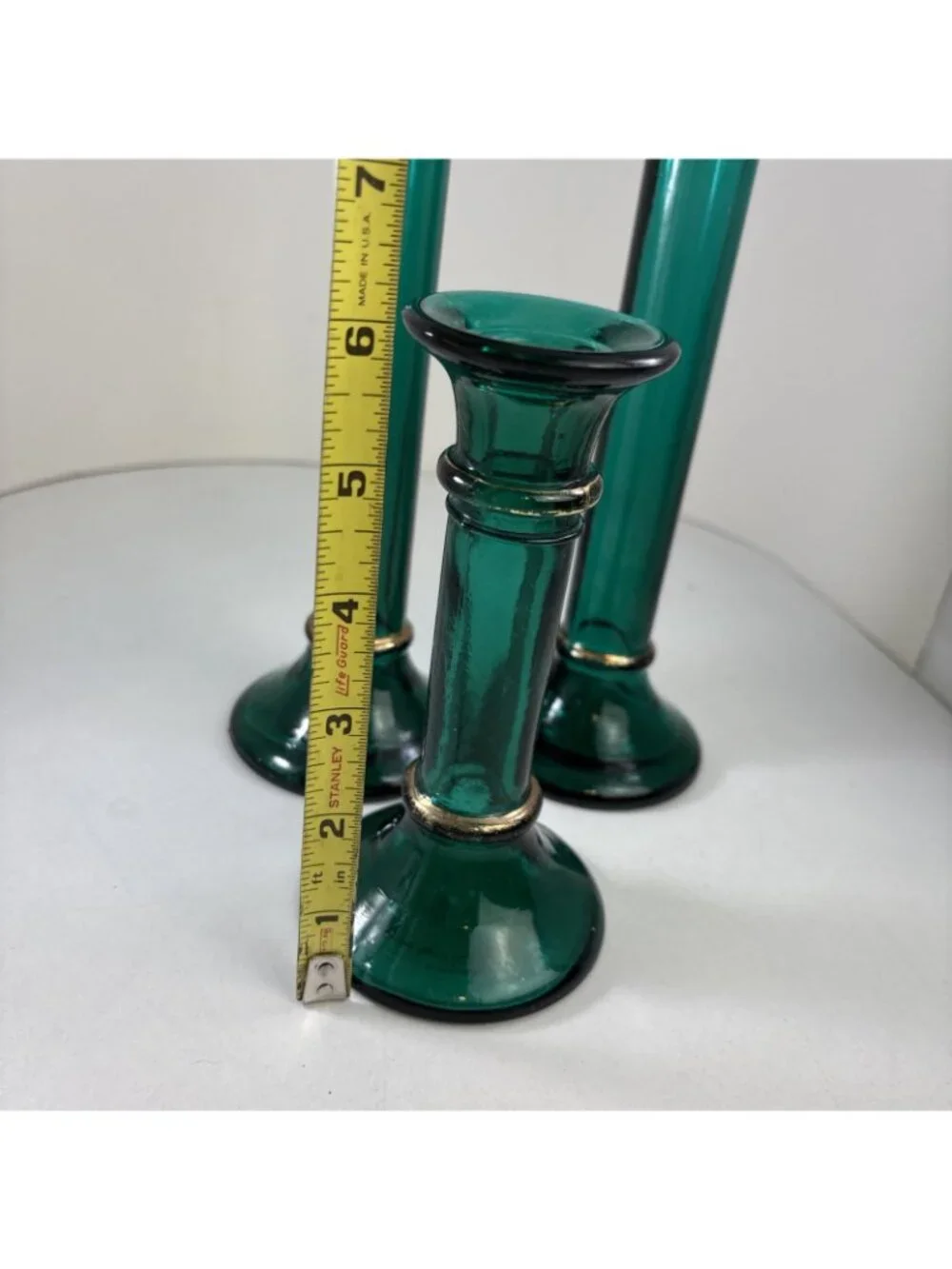 Pier 1 Green Glass Candlesticks Set Of 3 taper Holders made in Spain 11” & 6” - Picture 4 of 5
